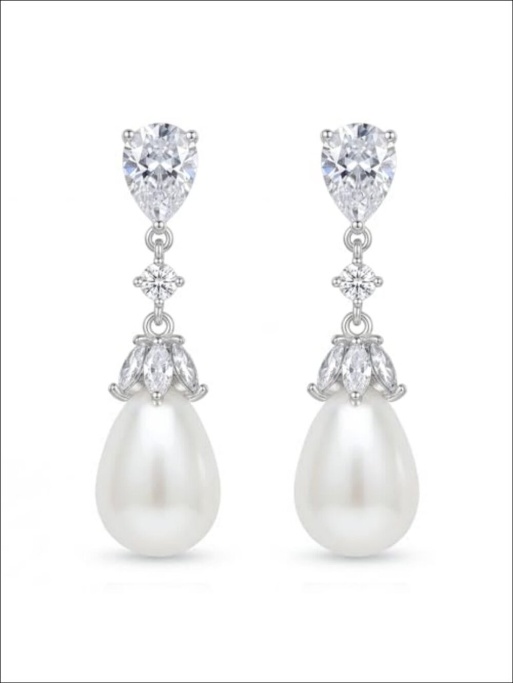 Silver Pearl Drop Dangle Earrings Cubic Zirconia Art Deco Bridal Formal
